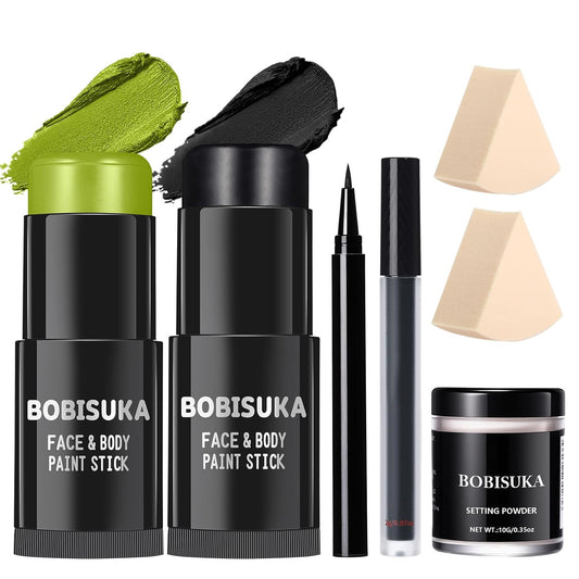 BOBISUKA Light Green & Black Face Body Paint Stick Kit with Black Lipstick & Eyeliner Pen, Setting Powder & 2 Sponges – Halloween Makeup Set for Beetle Juice, Demon, Monsters, Witches & Gothic Looks