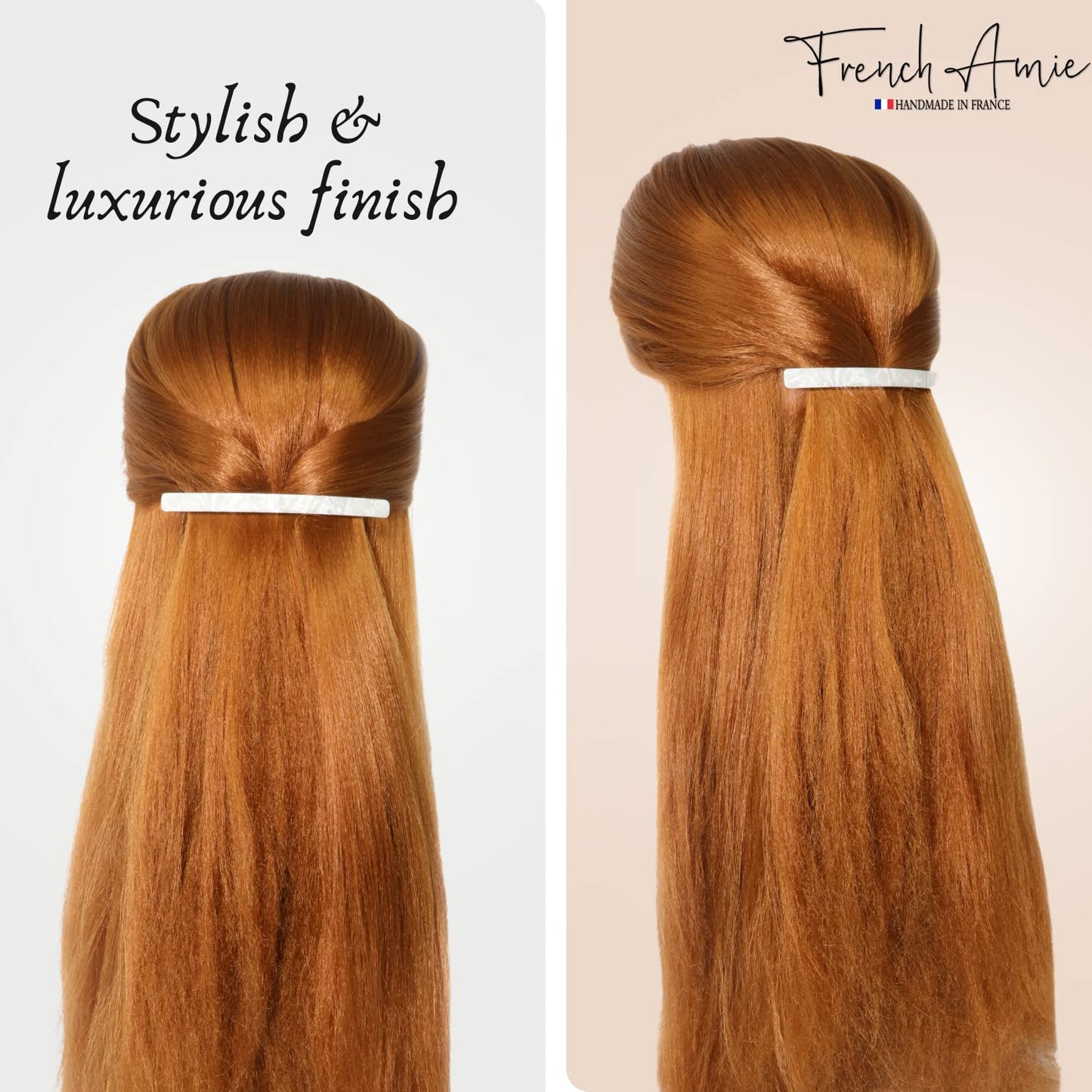 French Amie Long and Thin Frost White Large 4” Handmade Celluloid Automatic Hair Clip Barrette for Women and Girls (Frost White)