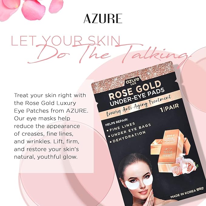 AZURE Rose Gold Luxury Anti Aging Under Eye Pads - Lifting, Smoothing & Hydrating Eye Mask Patches - Reduces Fine Lines, Wrinkles, Dark Circles & Puffiness - Skin Care Made in Korea - 10 Pairs