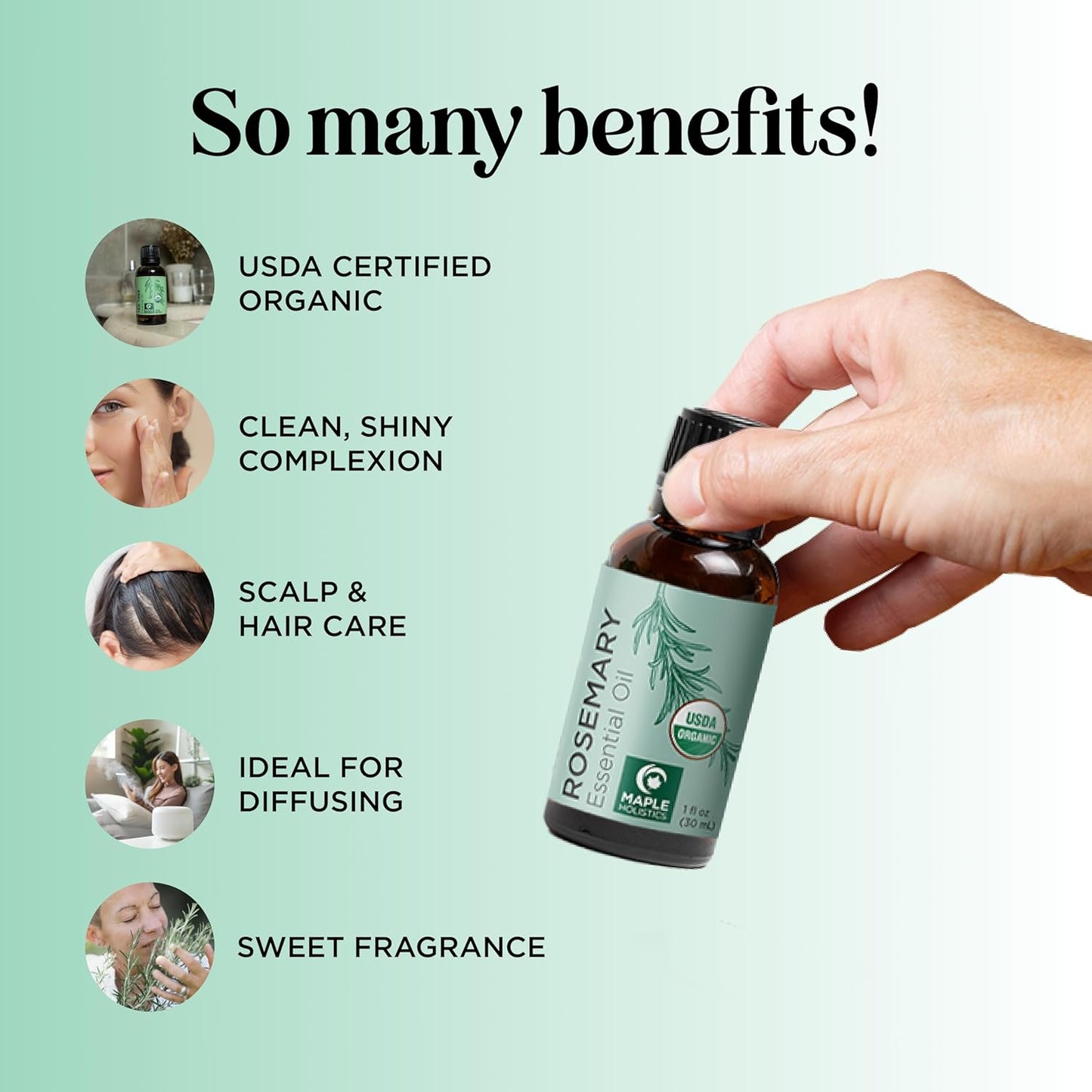 Certified Organic Rosemary Oil for Hair - Pure USDA Organic Rosemary Essential Oil for Hair Skin and Nails Plus Aromatherapy - Oil for Dry Scalp Treatment and Enhanced Volume and Shine