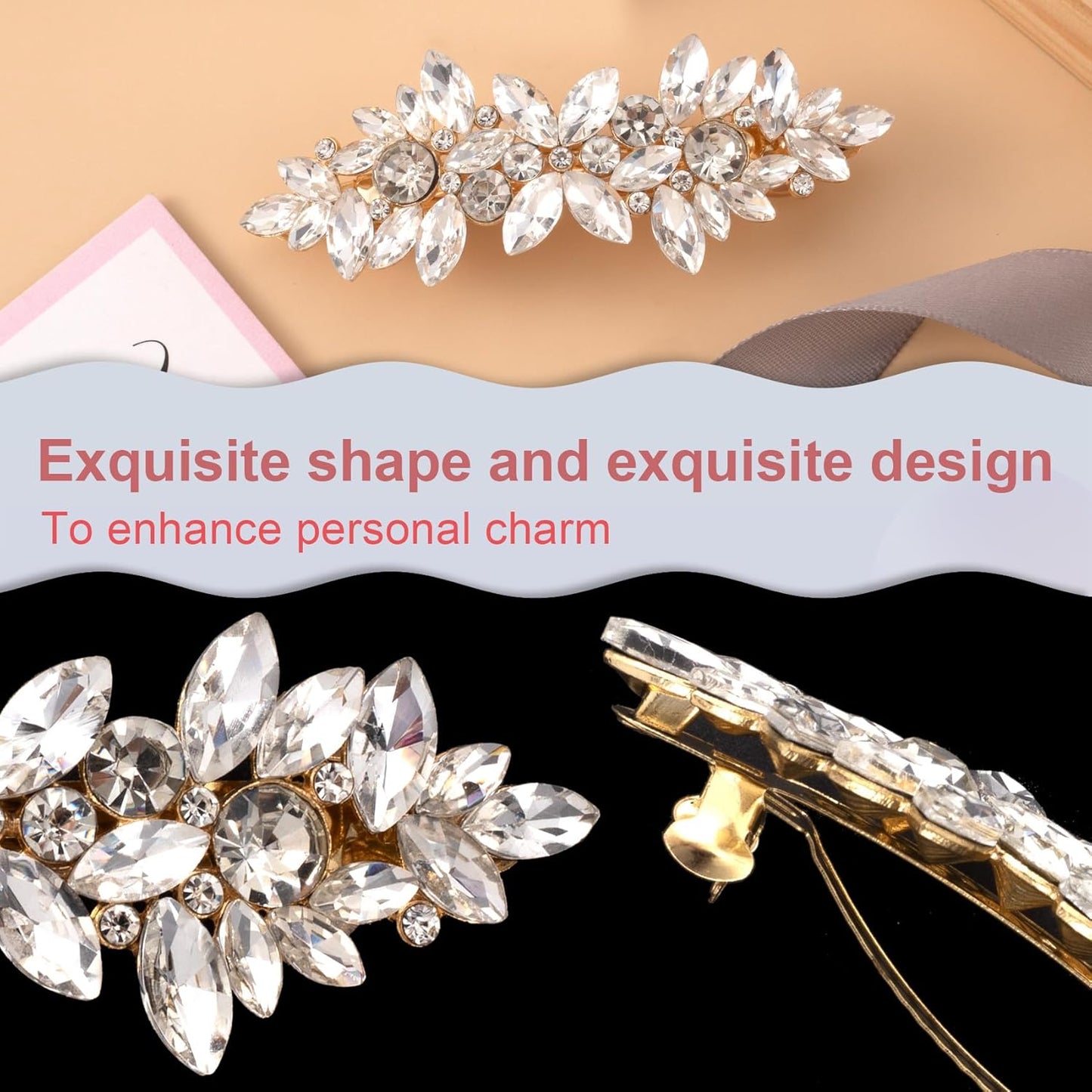 ANCIRS 2 Pcs Rhinestone Hair Clips, Crystal Hair Clip for Wedding, Silver Wedding Hair Pins, Sparkly French Hair Barrettes for Bridal Brides Women Thick Long Hair (Gold+Silver)