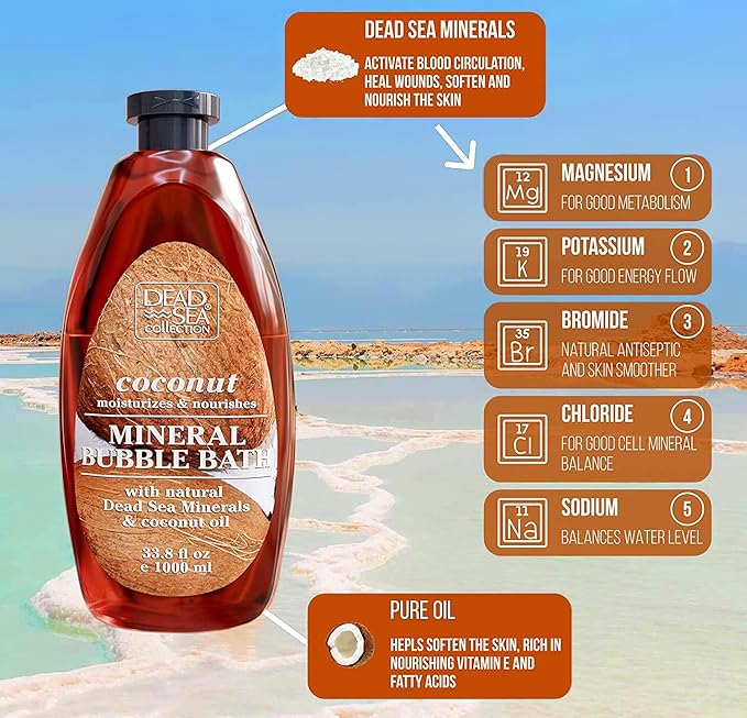 Dead Sea Collection Bubble Bath with Coconut for Women and Men - Coconut Oil and Pure Dead Sea Minerals - Nourishing and Moisturizing Skin - Pack of 2 (67.6 fl.oz)