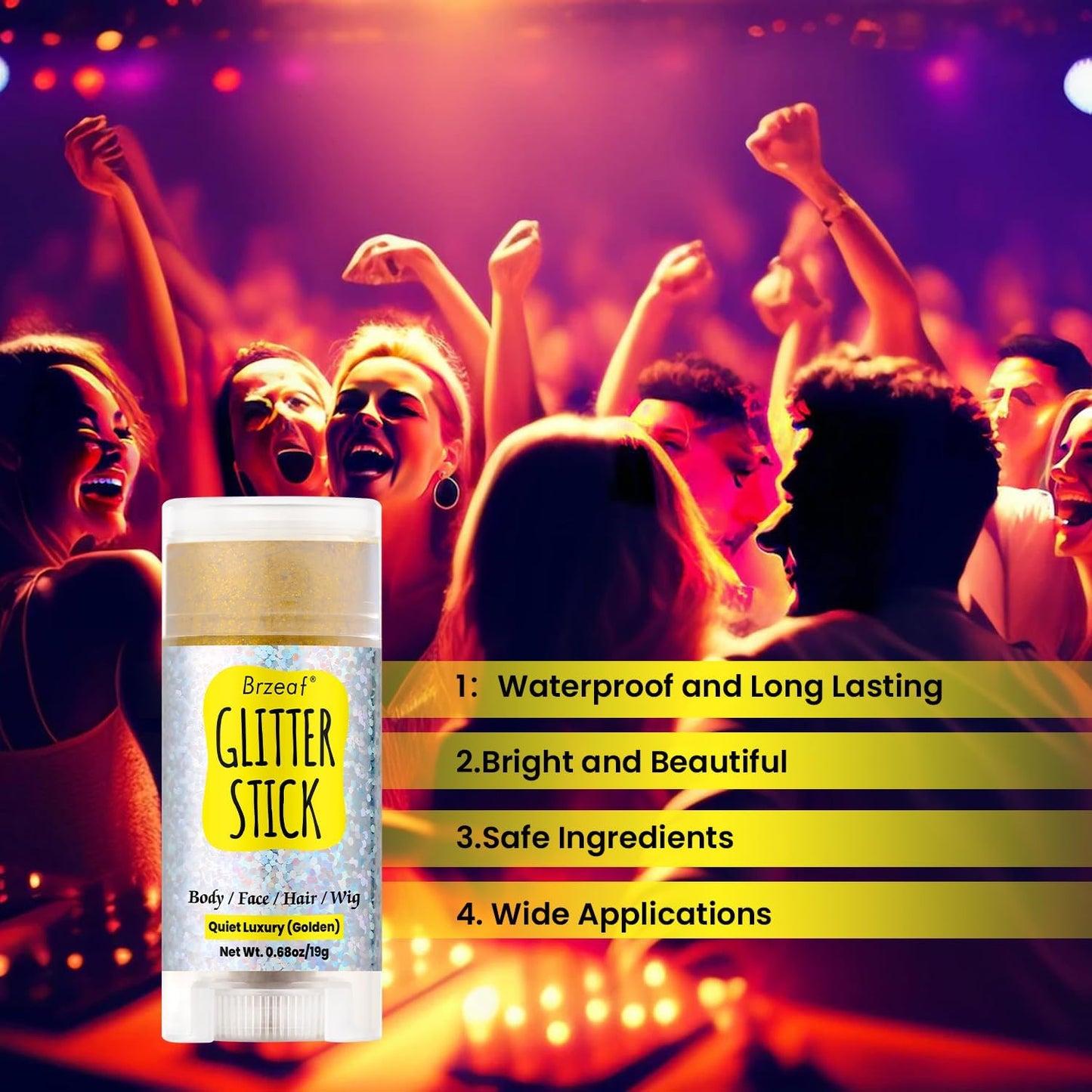 Brzeaf Waterproof Golden Glitter Stick, Halloween Glitter Makeup, Shimmery & Long Lasting, Chunky Glitter for Face/Body/Hair/Eyes/Lip, Singer Concert Music Halloween Christmas Rave Festival