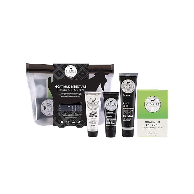 Dionis Goat Milk Skincare 5 Piece Goat Milk Travel Set for Men - Hydrating Bar Soap, Shave Butter, Hand & Body Cream - Verbena & Cream Scent, On-the-Go Grooming Essentials