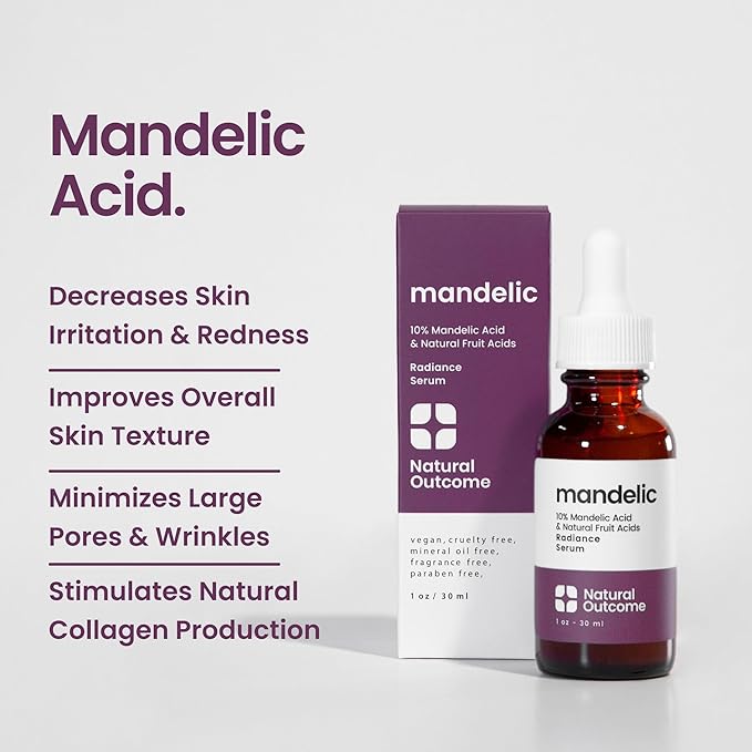 Mandelic Acid Serum 10% | Anti-Aging AHA Facial with Hyaluronic Acid | Targets Fine Lines, Dark Spots, and Wrinkles | Clarifies Acne and Stimulates Natural Collagen Production | 1 Oz Natural Outcome