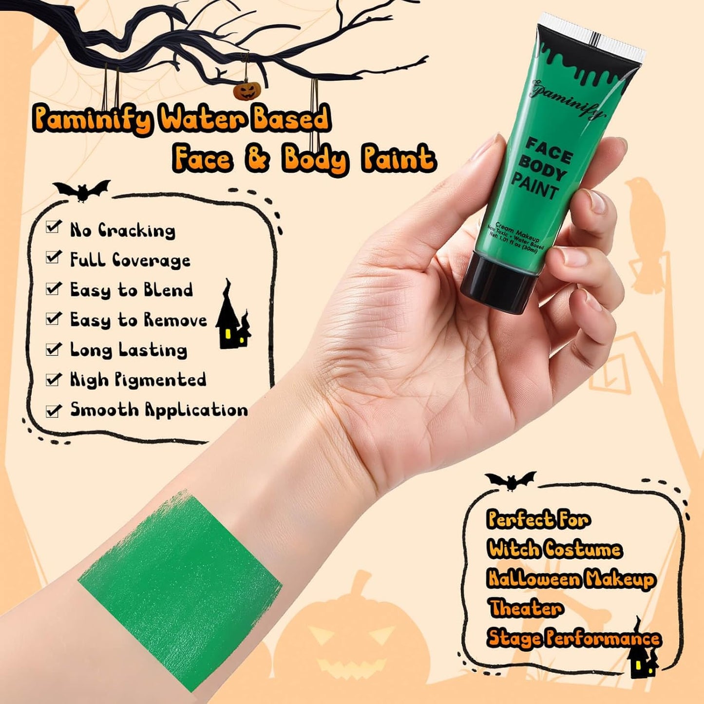 Halloween Green Witch Makeup Kit,1.01oz Water Based Green Face Body Paint+Witch Fake Nose+Black Eye black+Sponge,Elphaba Cosplay Costume for Kids & Adults,Safe Face Painting SFX Makeup Kit