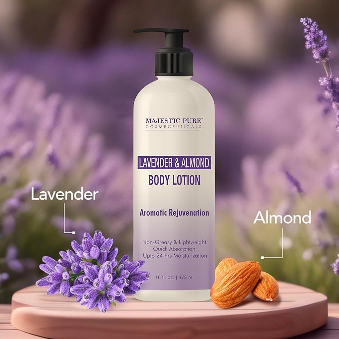 Majestic Pure Lavender & Almond Body Lotion with Aloe Leaf Extracts | Nourishing & Moisturizing | Quick Absorbing, Lightweight & Non Greasy | For All Skin Types | For Women & Men | 16fl oz