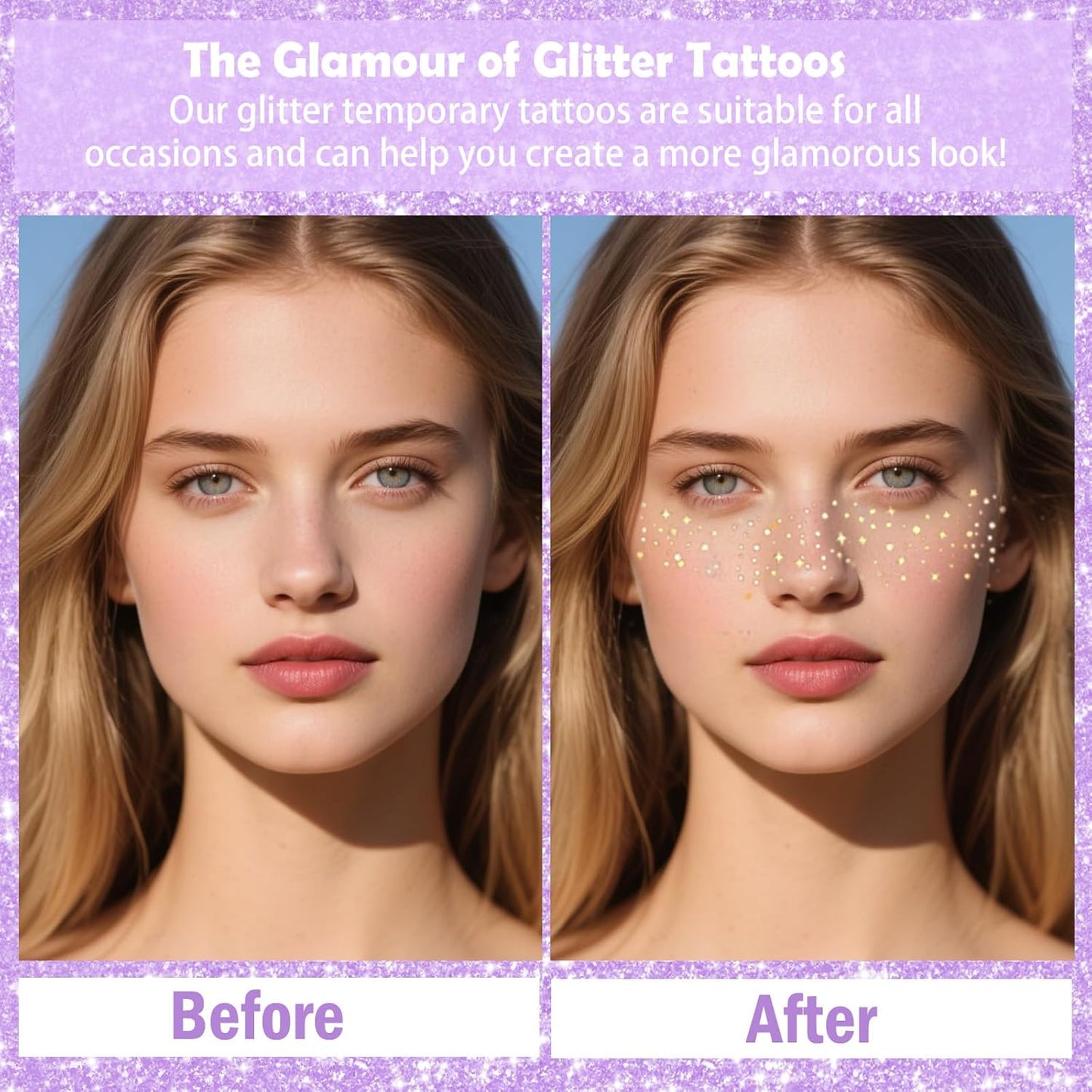 Yosca Glitter Freckles Face Tattoo, 6Pcs Metallic Rose Gold Temporary Tattoos for Body Face Freckle Makeup, Waterproof Glitter Makeup Patches for Festival Concert Party Girl Women Rave Accessories