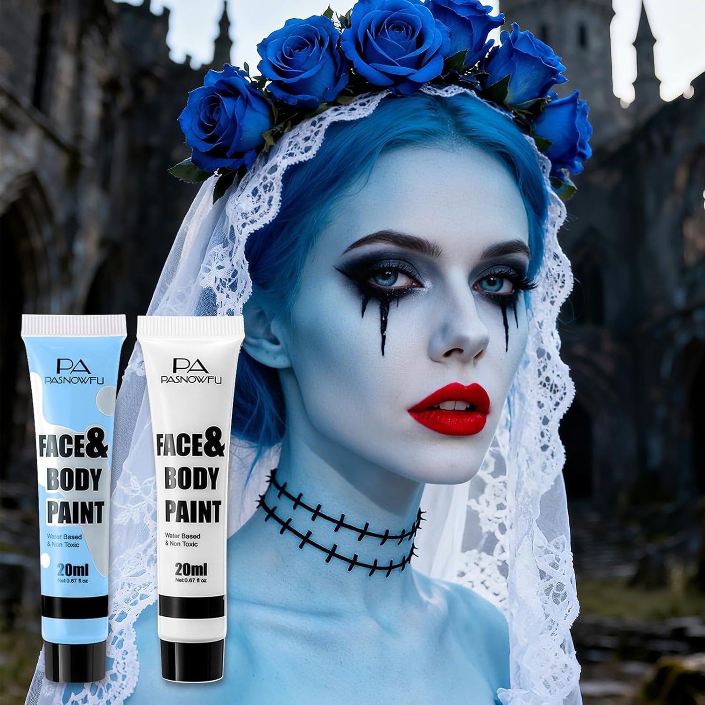 White and Light Blue Face Paint - Water-Based Non-Toxic Face Body Paint Kit for Sally Corpse Bride Looks, Highly Pigmented Body Paint for Halloween Cosplay, Costume Parties, Sports Events