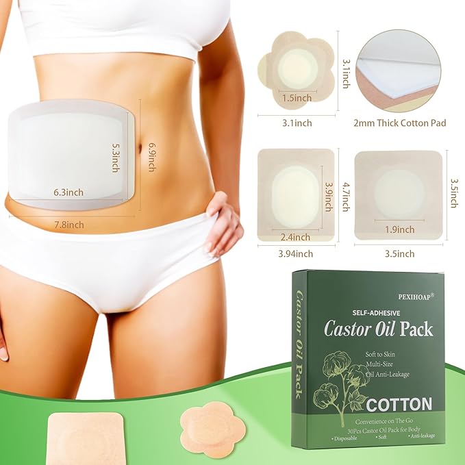 30Pcs Adhesive Castor Oil Patch, Cotton Disposable Castor Oil Pack Wrap for Waist Back Neck Arm Belly
