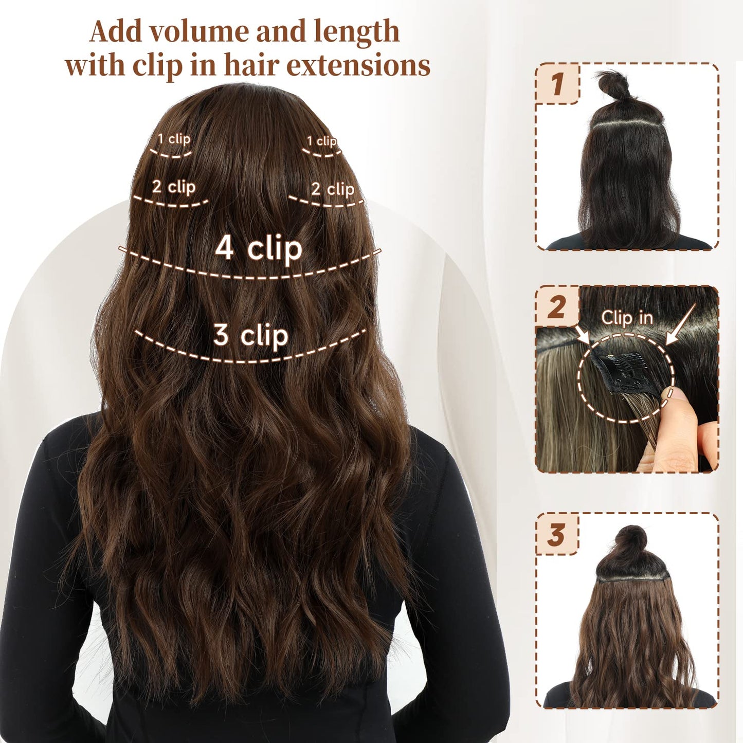 Clip in Hair Extensions, 6 PCS Natural & Soft Hair & Blends Well Hair Extensions, Dark Brown Long Wavy Hairpieces(24inch, 6pcs, Black with Brown Highlights)