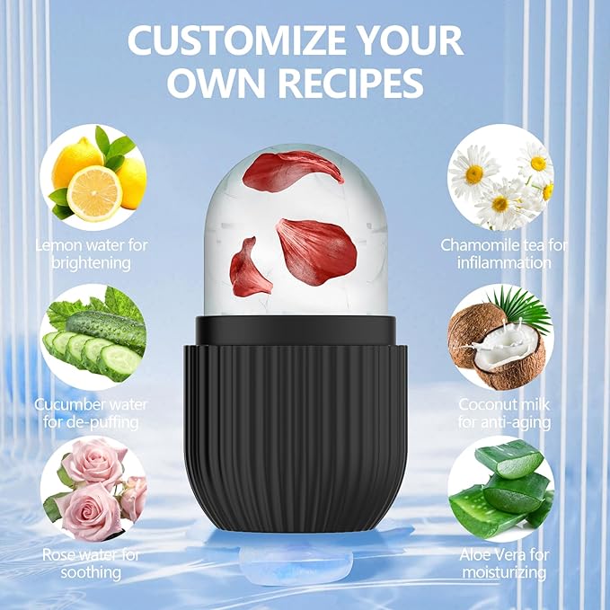 Ice Roller for Face and Eye, Silicone Ice Facial Roller Ice Holder, Face Ice Mold Skin Care, Face Icers Reusable Ice Cube Roller for Shrink Pores Anti Wrinkle Reduce Puffiness, Black