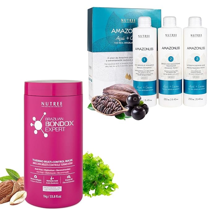 Amazonliss Keratin Hair Treatment Set 8.45 Fl Oz + Brazilian Bondox Hair Treatment Masks 33.8 Fl Oz – Smooths, Softens, Moisturizes, Adds Shine, Reduces Frizz, Deep Repair with Collagen and Almond Oil