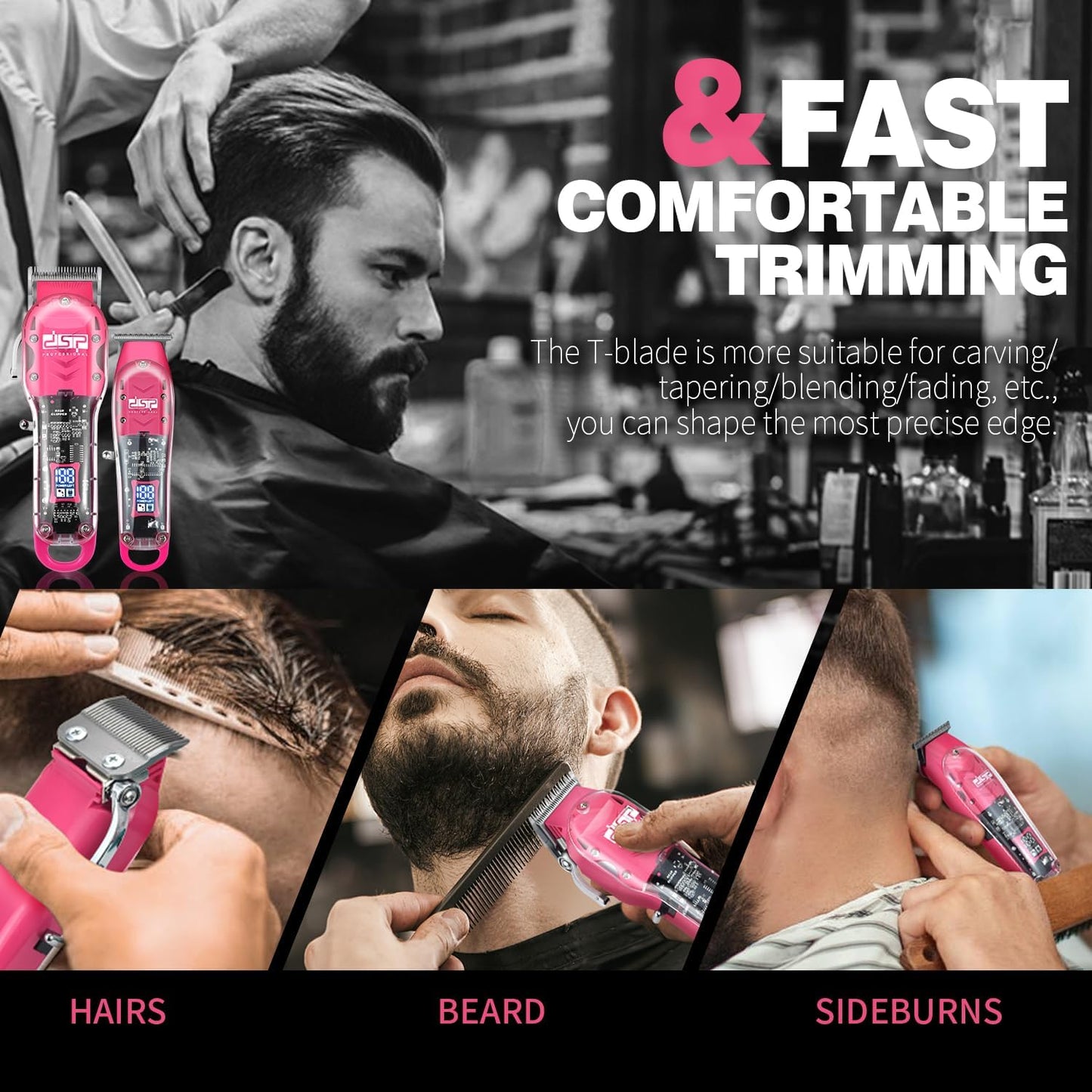 DSP® Hair Clipper, Trimmer Kit for Men Professional Barber Set for Hair and Beard Cutting Zero Gap Beard Trimmer, with LED Display (Pink)