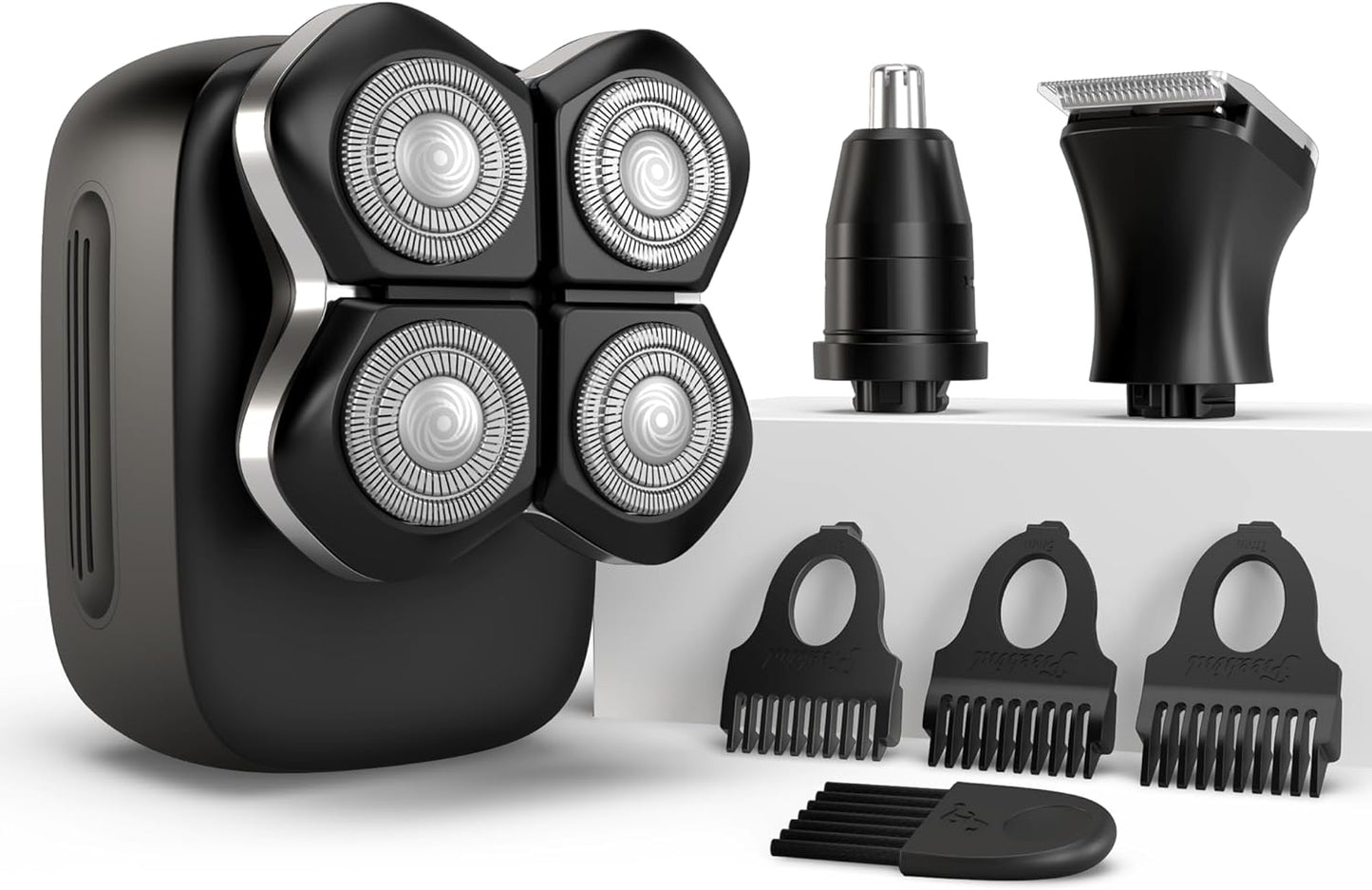 Freebird FlexSeries Pro Electric Head & Body Shaver - Mens Cordless Rechargeable Wet/Dry Skull Bald Head Back & Groin Waterproof Razor with Rotary Blades, Clippers, Nose Trimmer, Brush, Massager