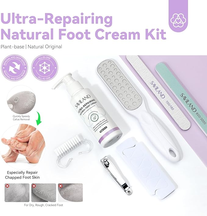 SAVILAND Ultra-Repair Foot Cream Spa Pedicure Kit: 2024 Natural Tea Tree Castor Oil Foot Lotion for Dry Cracked Heels Feet Care Kit Foot File Callus Remover Dead Skin Removal Home Use
