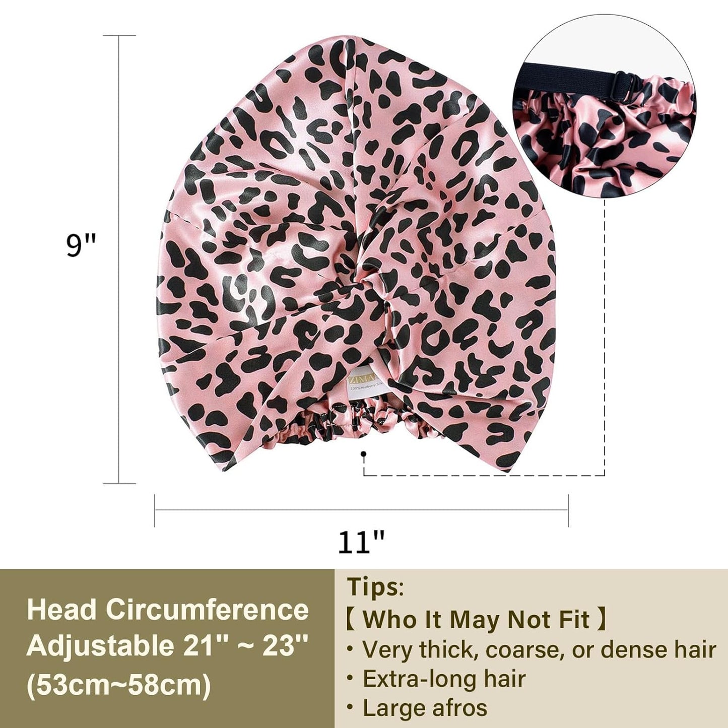 ZIMASILK 22 Momme 100% Mulberry Silk Bonnet for Sleeping & Women Hair Care, Highest Grade 6A Silk Hair wrap for Sleeping with Premium Elastic Stay On Head (1Pc, Leopard Black/Pink)