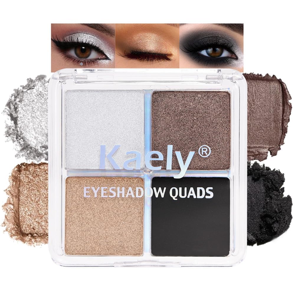 4 Colors Dark Brown Gold Silver Black Eye Shadow Powder Palette Makeup, Neutral Matte Shimmer Cream Quads Eyeshadow Palette for Women Highly Pigmented Waterproof, paleta de sombras de ojos 04