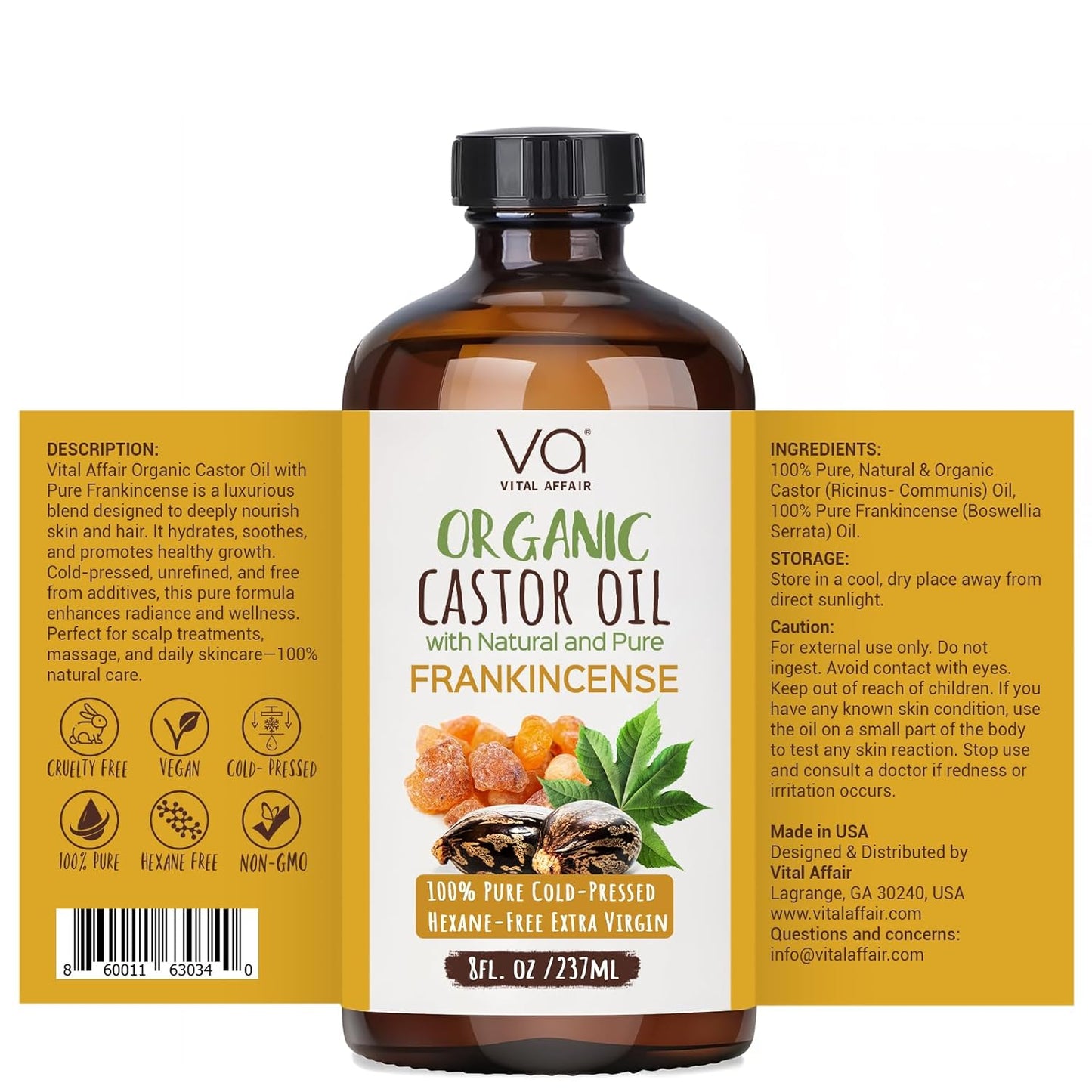 VITAL AFFAIR Organic Castor & Frankincense Oil Blend - 100% Pure and Natural, Cold Pressed, Unrefined Glass Bottle Castor and Frankincense Oil For Face & Hair Growth - 8oz