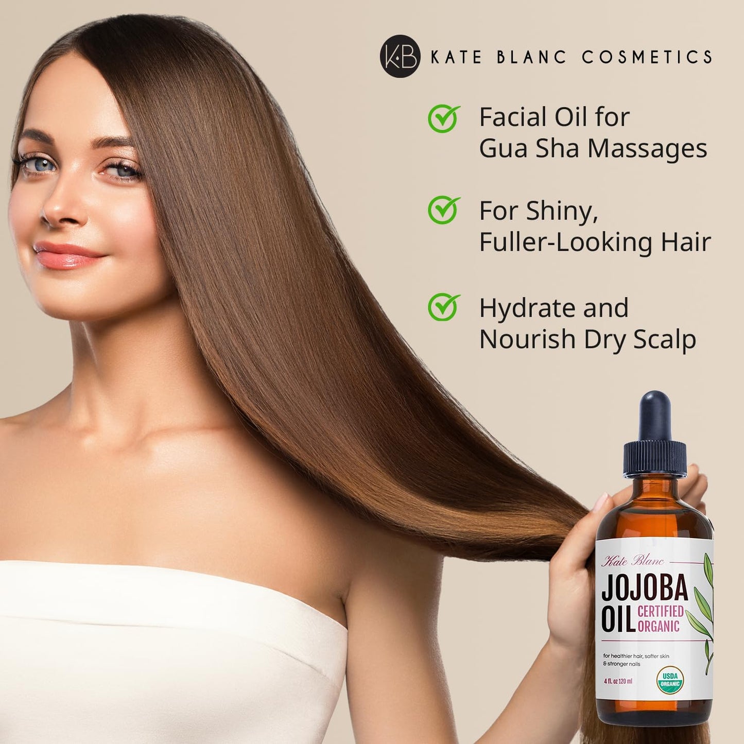 Kate Blanc Cosmetics Jojoba Oil for Softer Hair & Smoother Skin. Gua Sha Oil for Face & Dermaplaning (4oz, Organic, 100% Pure, Natural)