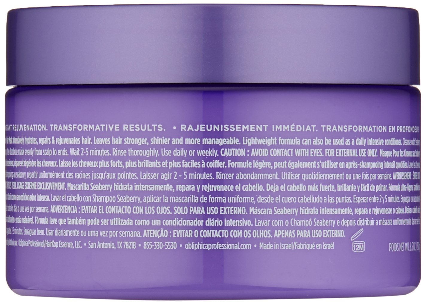 Obliphica Seaberry Hair Mask - Deep Conditioning Hydrating Treatment for Dry and Damaged Hair - Moisturizing Hair Repair and Growth Mask for Medium, Coarse, and Color-Treated Hair - 8.5 Ounces