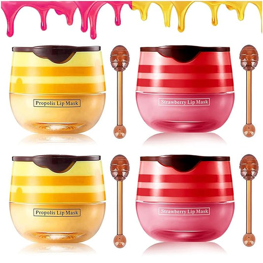 Lip Balm Honey Pot Propolis Lip Mask, Strawberry Honey Lip Sleep Mask Moisturizing Prevention Dry and Cracked Lip Scrubs Exfoliator, Reduces Lip Lines (2packs strawberry+2packs honey)