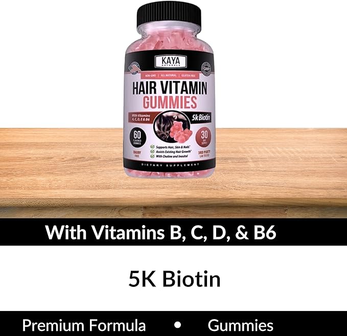 Kaya Naturals Hair Growth Gummies - Biotin 5000mcg Vitamins for Healthy Hair, Skin, and Nails - Beauty Supplement for Women or Men - 60 Count - Blueberry Flavor