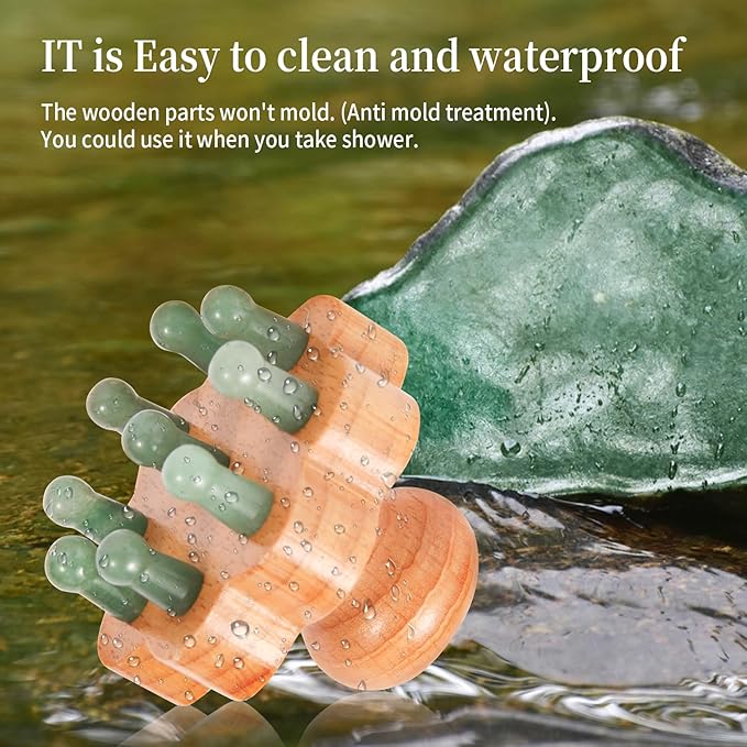 Natual Jade Massage Head, with Wooden Hander Comb,for Scalp Massager, Head Ficial, Body Acupressure Tool,gua sha Scraping, Relieve Fatigue,Stress Relax Device,for Hair Growth (Green)