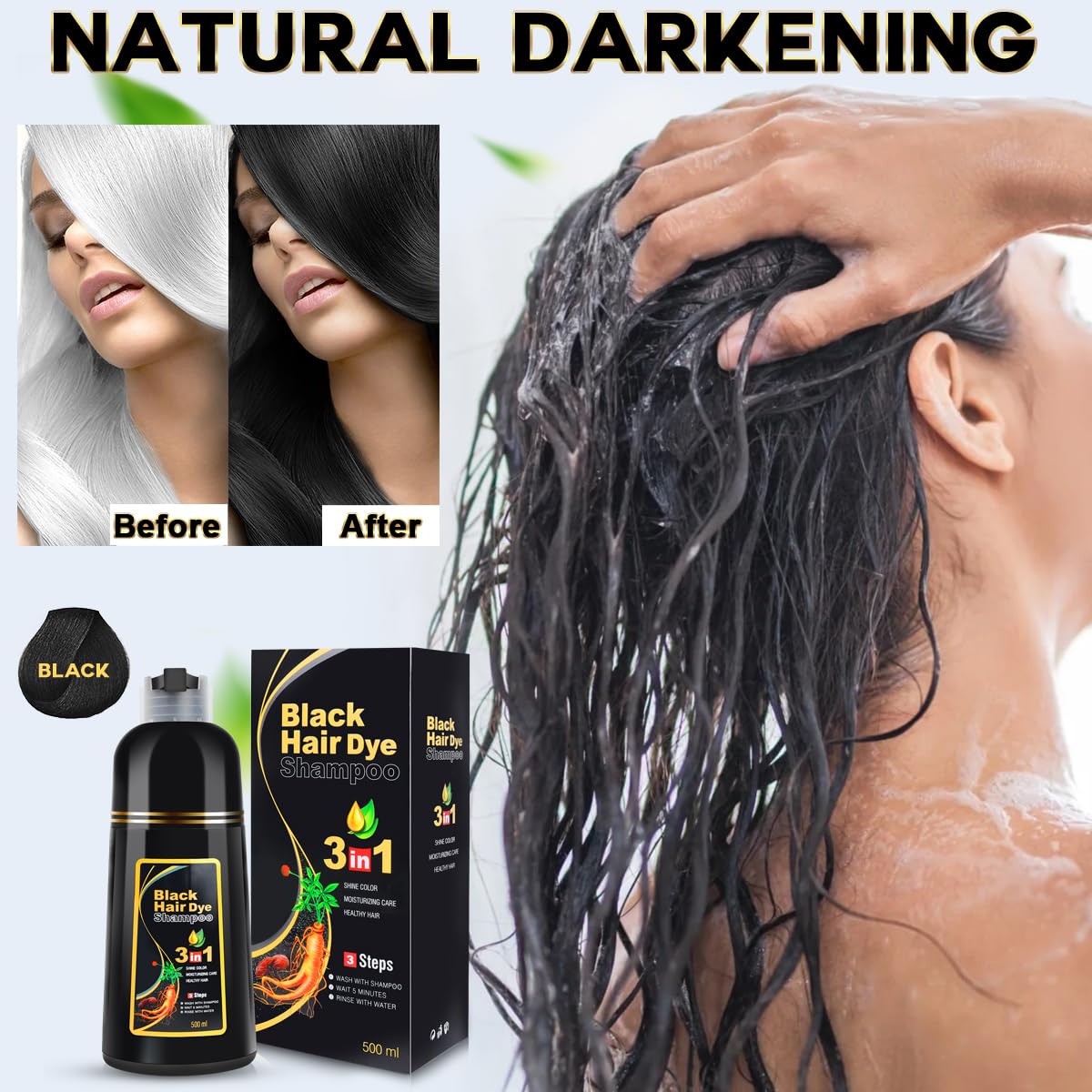 MEIDU Black Hair Dye Shampoo 3 in 1, Shampoo for Color Treated Hair 100% Gray Coverage for Women Men, Natural Herbal Ingredients Champu Para Canas pintar el pelo 500ml