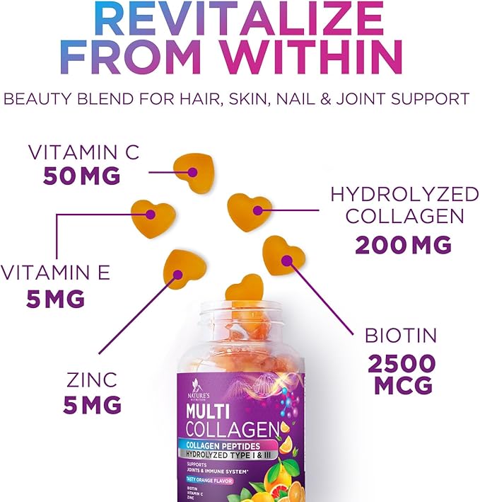 Collagen Gummies for Women with Vitamin C, Zinc & Biotin - Hydrolyzed Protein Type 1 & 3 Multi Collagen Peptides Supplement - Support for Hair, Skin, Nails & Joints, Gluten Free Complex - 60 Gummies