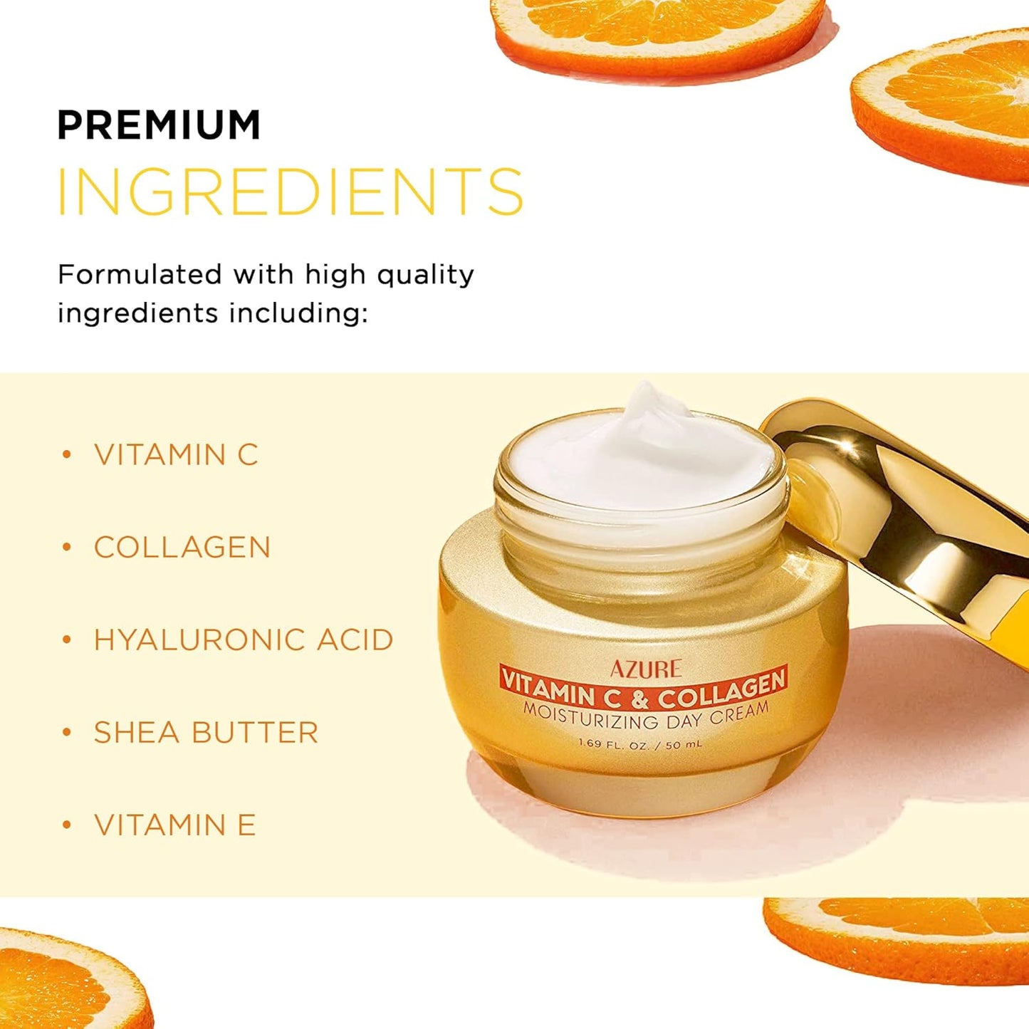 Azure Cosmetics Vitamin C & Collagen Face Moisturizer - Dermatologist Tested, Anti-Aging, Skin Tightening & Brightening, Clean, Cruelty-Free Face Cream - Korean Skin Care - All Skin Types - 1.69 fl oz