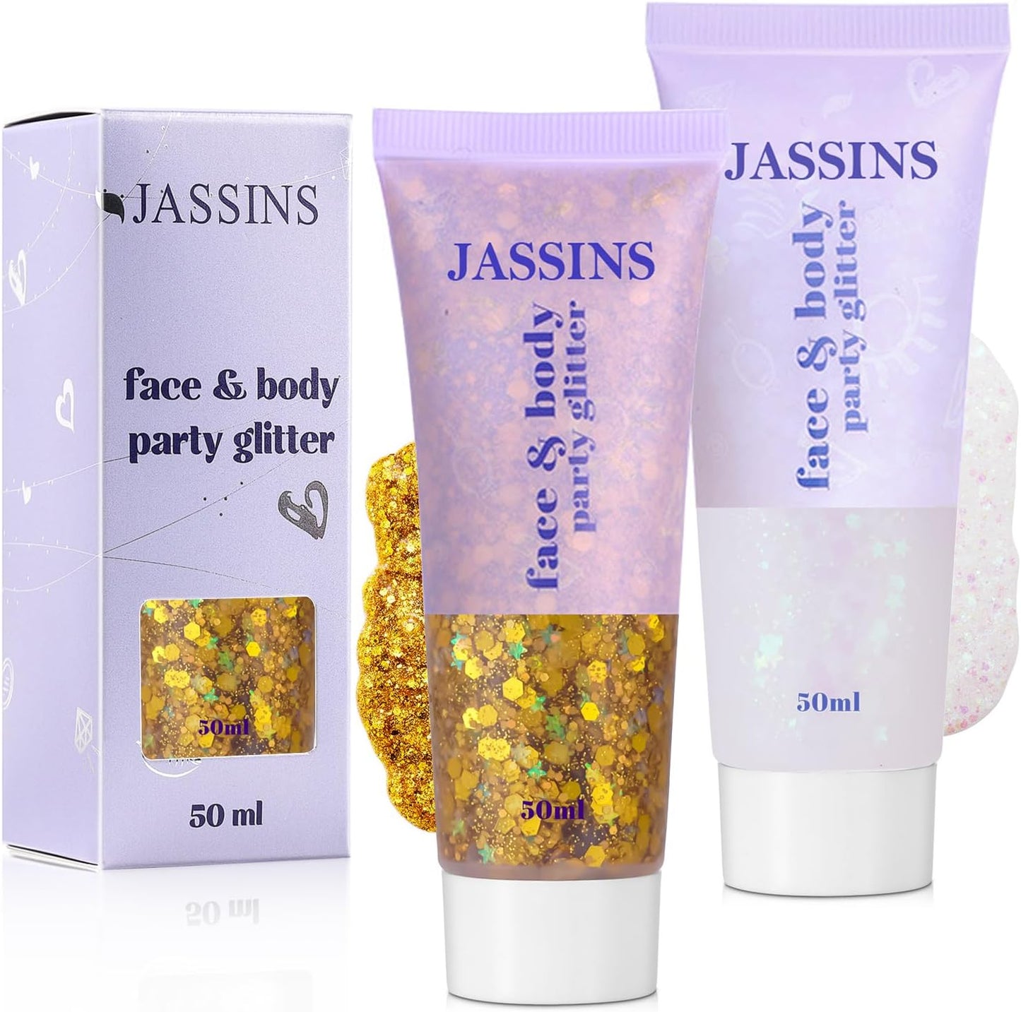 JASSINS 2PCS Body Glitter, 100ml Gold and White Face Glitter for Women Girls Kids, Glitter Gel Makeup Tween Gifts, Singer Concerts Festival Rave Accessories, Chunky Mermaid Sequins Glitter