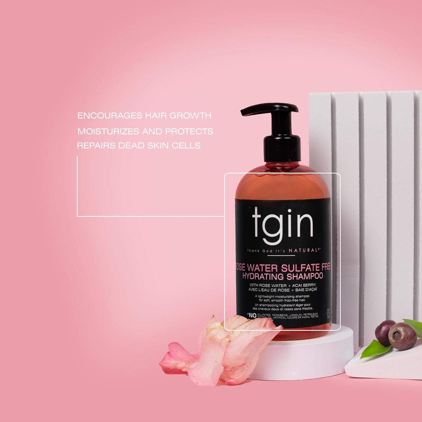 Thank God It's Natural tgin Rose Water Sulfate-Free Hydrating Shampoo for Curly, Coily and Wavy Hair, with Rose Water and Acai Berry, Moisturizes Low Porosity Hair, 13 oz