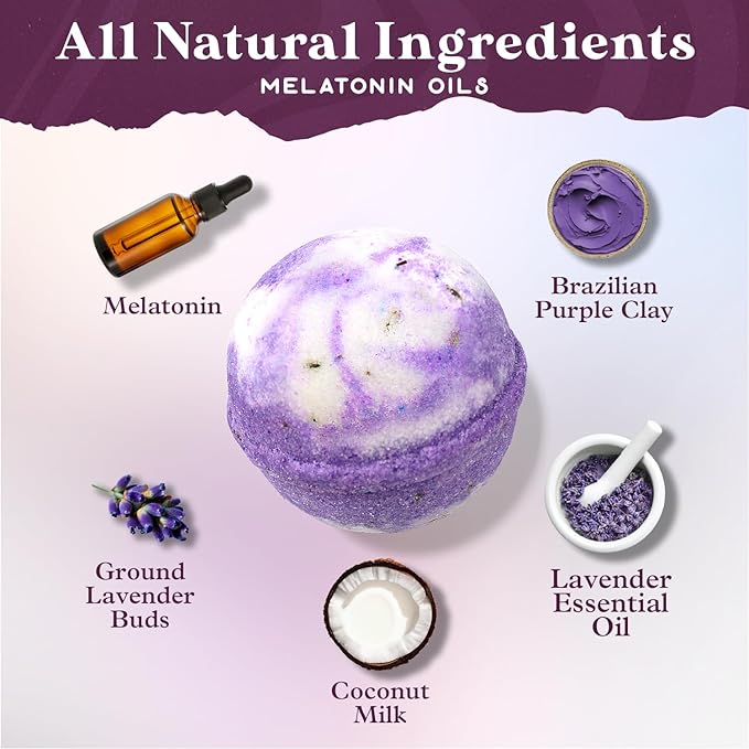 Purple Canyon Bath to Bed Natural Bath Bombs | Calming and Relaxing Sleep Support with Melatonin | Lavender and Coconut Milk Scented Handmade Bath Bombs Set