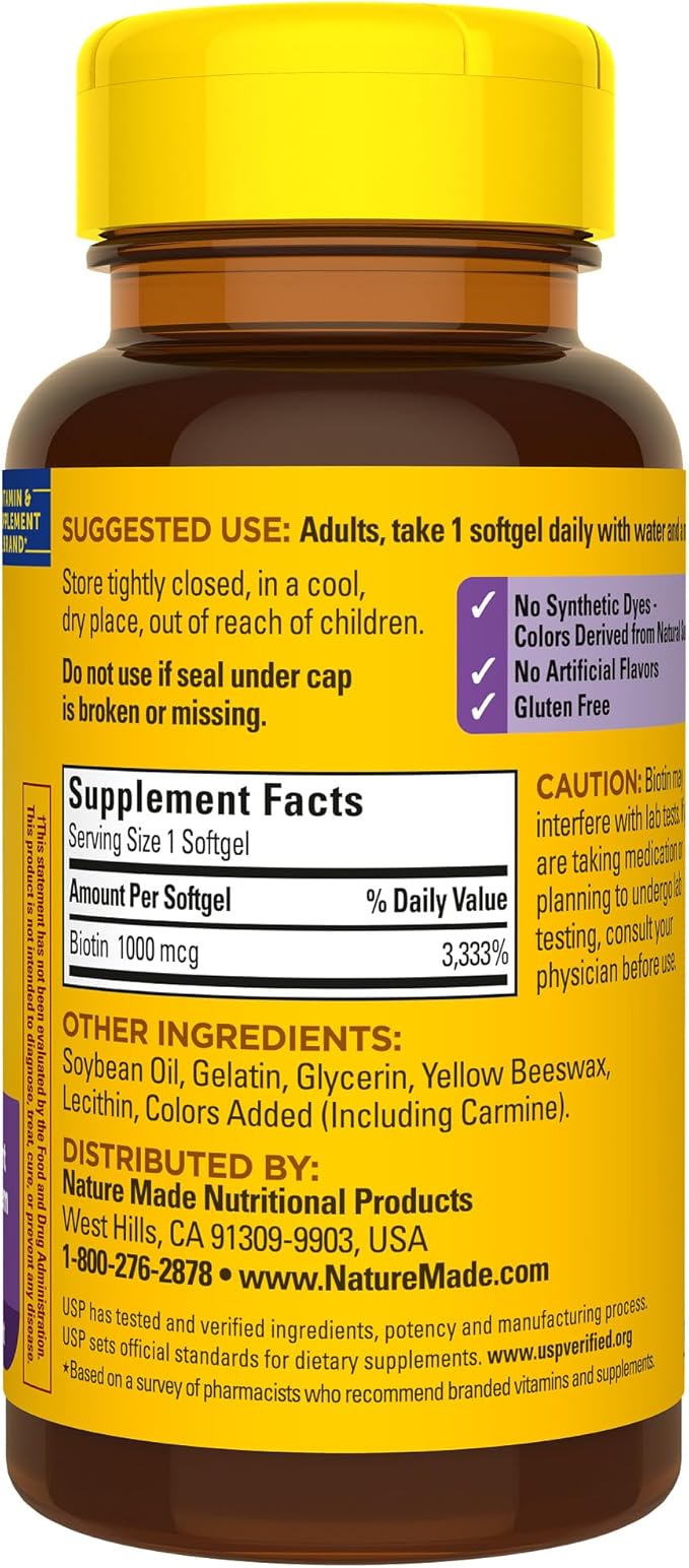 Nature Made Biotin 1000 mcg, Dietary Supplement Supports Healthy Hair & Skin, 120 Softgels, 120 Day Supply