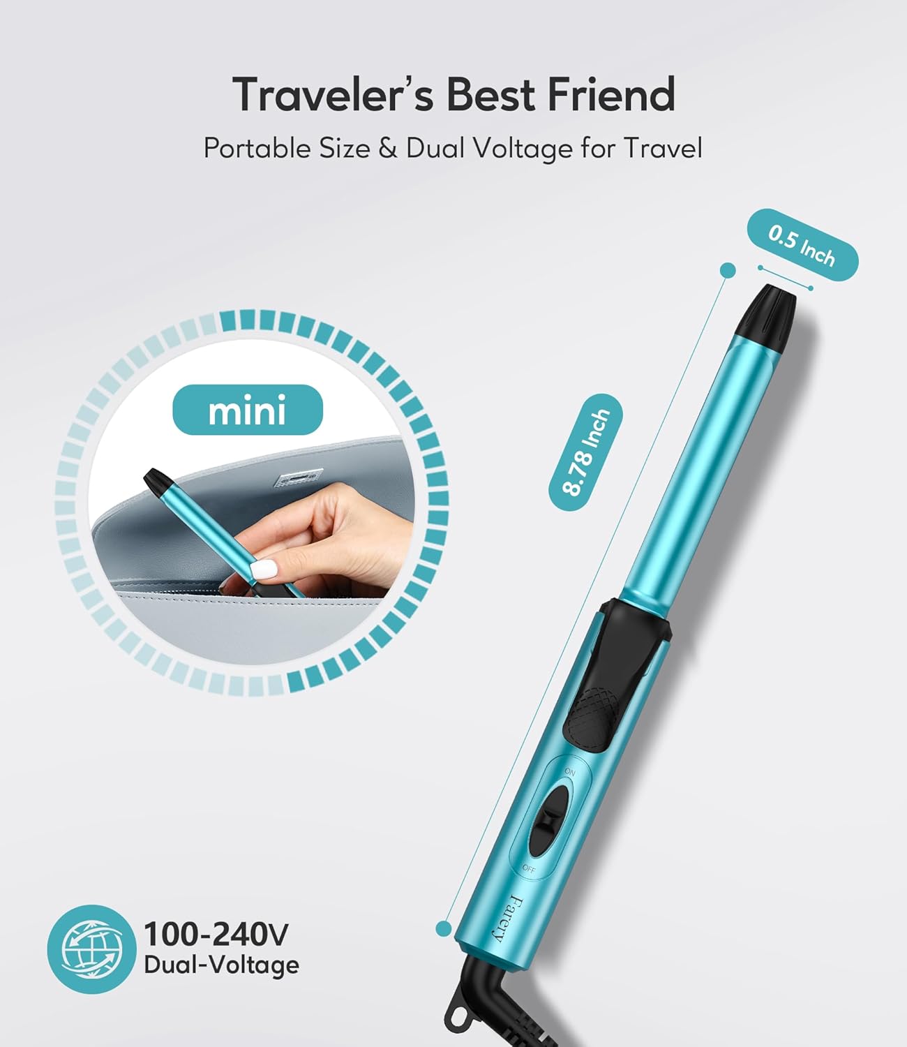 FARERY Travel Size Mini Curling Iron, Dual Voltage 1/2 Inch Ceramic Mini Hair Curler for Short Hair, Infused with Keratin & Argan Oil, Travel Curling Iron with Storage Bag