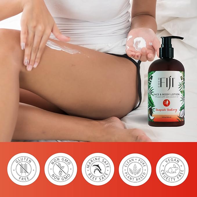 Coco Fiji Face & Body Lotion Infused With Coconut Oil | Lotion for Dry Skin | Moisturizer Face Cream & Massage Lotion for Women & Men | Awapuhi Seaberry 12 oz, Pack of 1