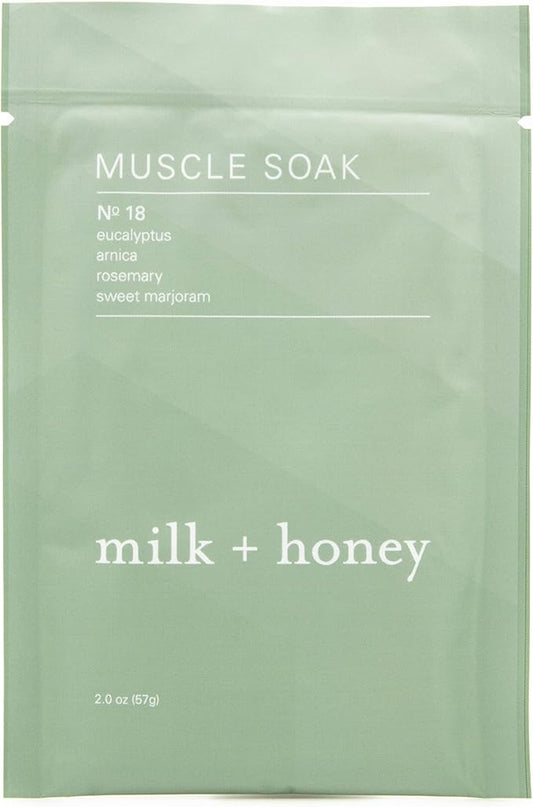 milk + honey Muscle and Bath Soak No. 18, with Eucalyptus, Arnica, Rosemary and Sweet Marjoram Moisturizing Soak, Sea Salt and Epsom Salt Bath, 6 Packets