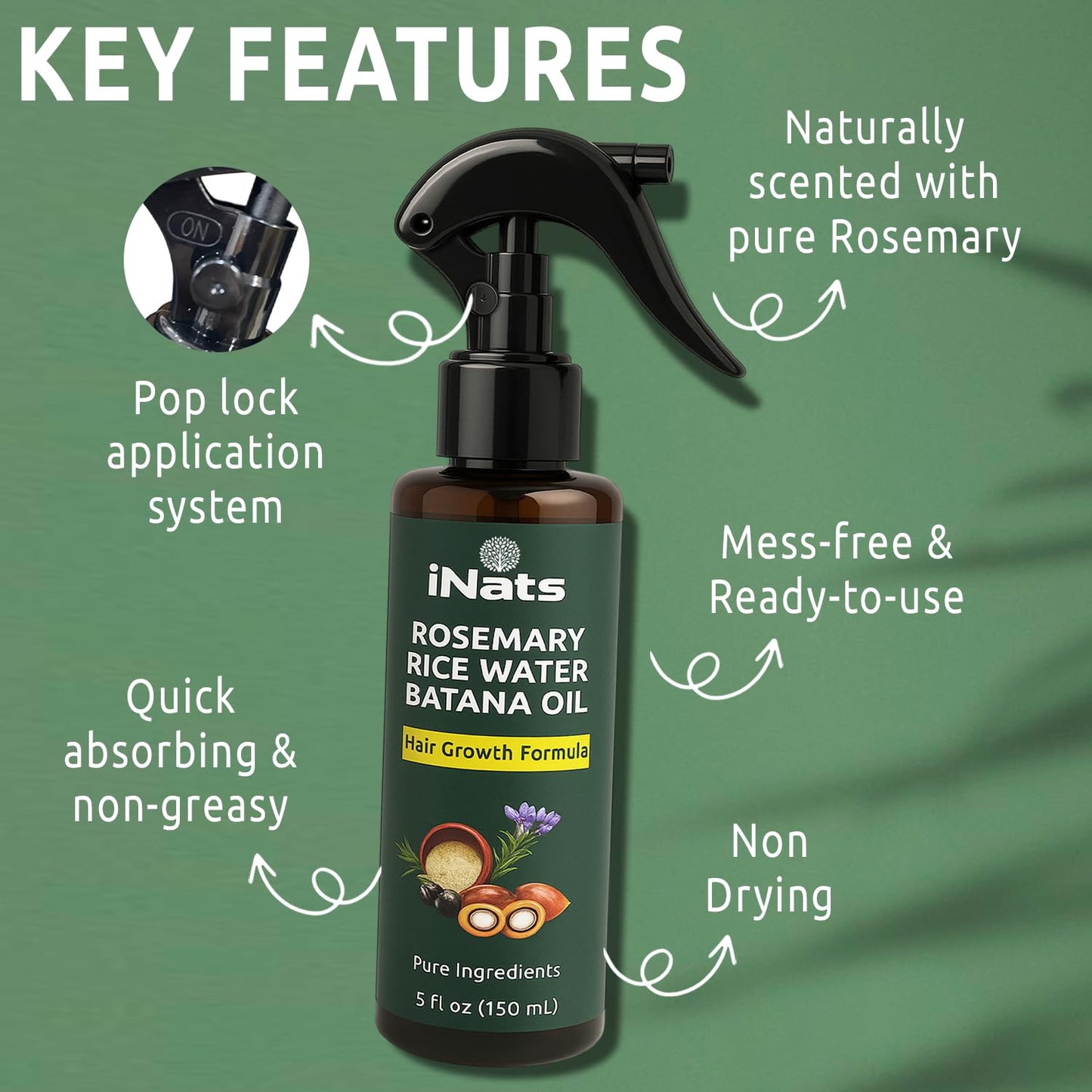 Rosemary Water Spray for Hair Growth w/Rice Water, Biotin, Batana & Peppermint Oil – Non-Sticky Organic Hair Growth Spray to Control Hair fall & Strengthen Strands - For Men & Women – 5 fl oz