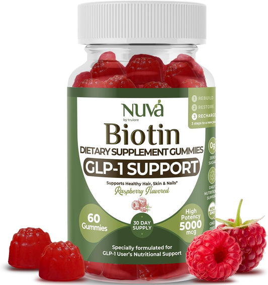 NuVa by Trulore Biotin Gummies 5000 mcg | GLP-1 Support for Hair Growth, Skin & Nails | Zero Sugar, Vegan Gummy Vitamins for Men & Women | Raspberry Flavor | 60 Gummies - 30 Day Supply