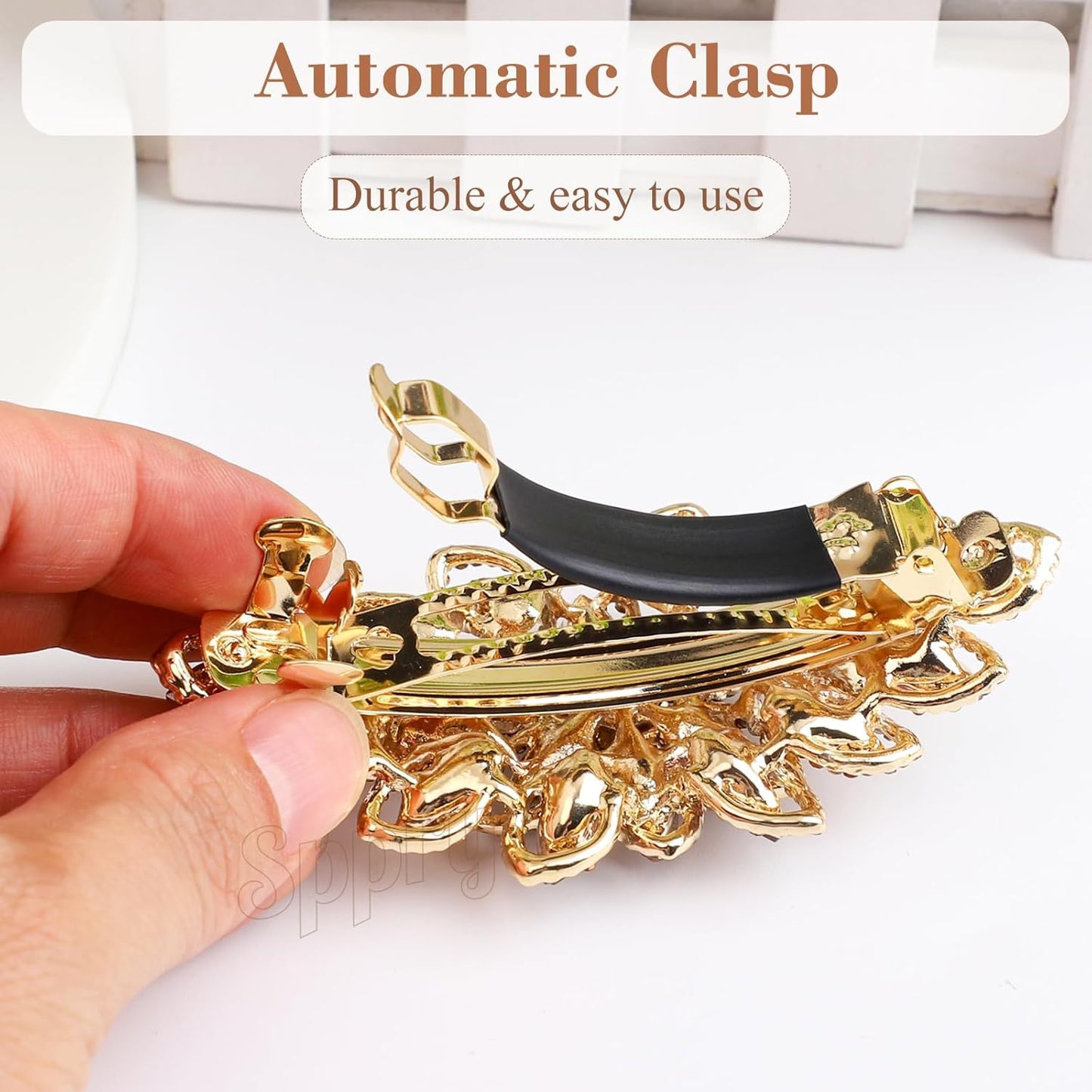 Luxury Gold-plated Rhinestone Hair Barrette for Women, Large Flower Jewelry Design (Navy)