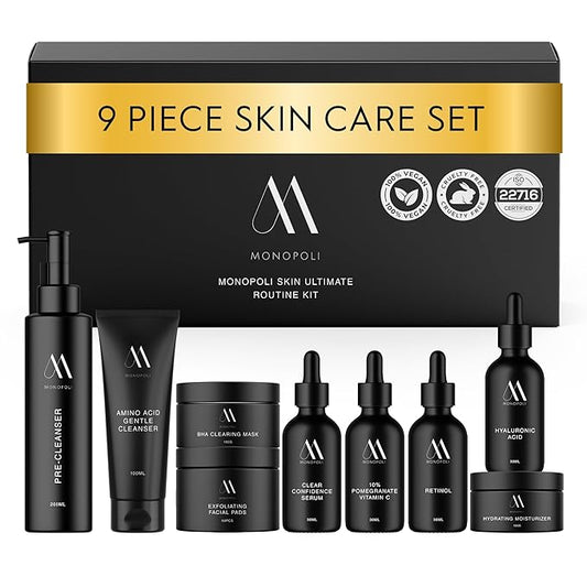 Monopoli Skin Care Set | Complete Routine: 9-Piece Face Care Set for Women & Teens for Anti-Aging, Hydration & Acne Control | Skincare Gift Set & Kits | Premium Skincare Set with Educational Resources