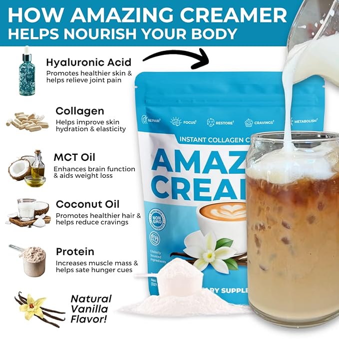 Superfoods Company Amazing Creamer with Collagen - Keto Creamer-Hyaluronic Acid & MCT Oil - Brain Boost & Curbs Cravings - Supports Healthy Skin & Hair - Diet-Friendly [30 Servings] [Vanilla]