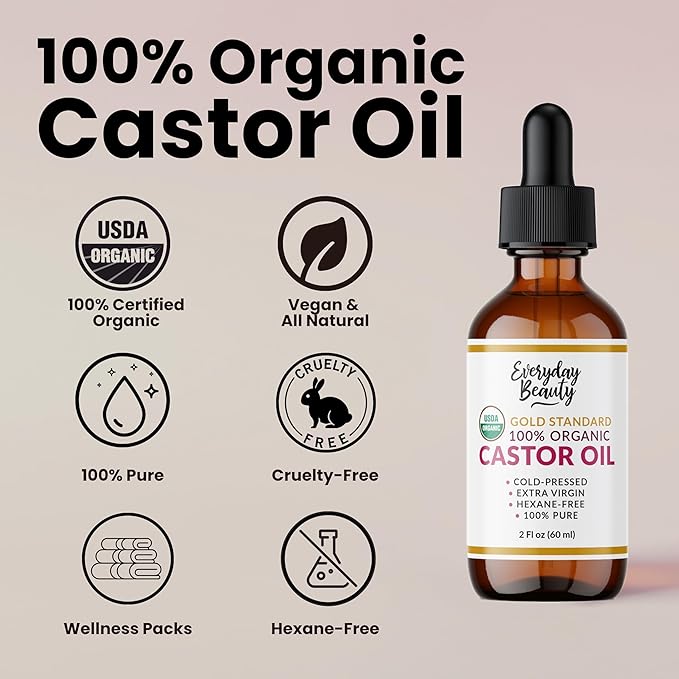 100% Organic Castor Oil - Gold Standard 100% Pure Certified USDA Organic in Glass Bottle & Glass Dropper, Cold Pressed & Hexane-Free, For Lashes, Brows, Hair, Skin & Wellness Packs -2oz
