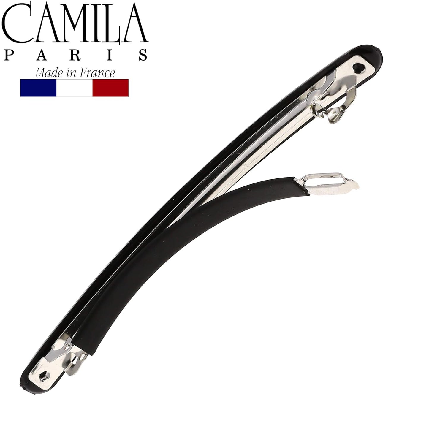 Camila Paris CP2851 French Hair Barrette Large Black, Long Skinny Strong Hold Grip Hair Clips for Women, Thin Rubberized Automatic Clasp No Slip Durable Styling Girls Hair Accessories, Made in France