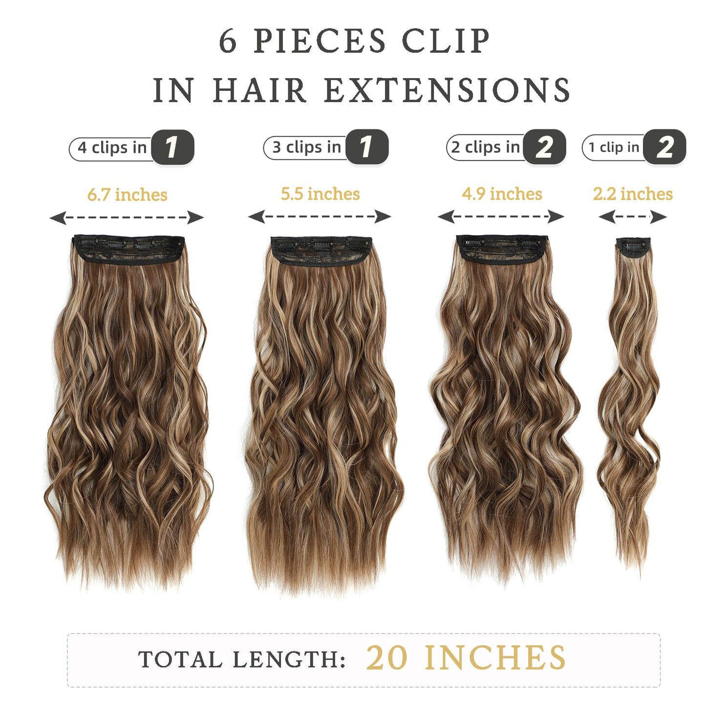 Clip in Long Wavy Synthetic Hair Extensions 20 Inch Light Brown with Blonde Highlights 6PCS Thick Hairpieces Fiber Double Weft Hair for Women