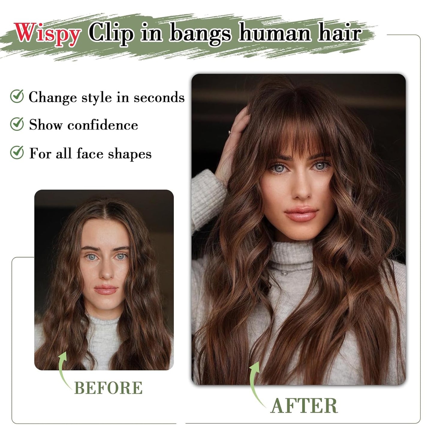 Clip in Bangs for Women - 100% Real Human Hair Wispy Bangs Hair Clip with Temples Hairpieces Fake Bangs for Daily Wear (Dark Brown, Wispy Bangs)