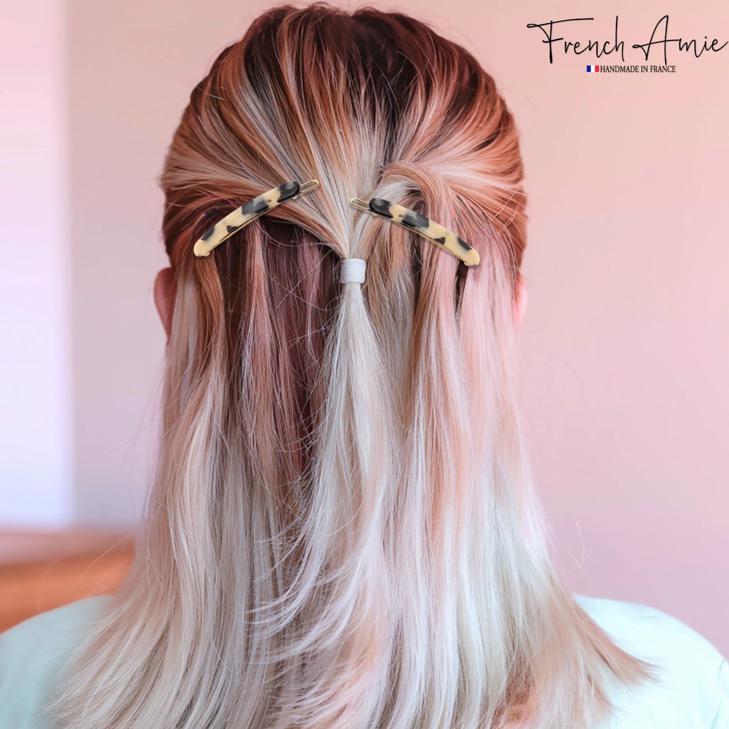 French Amie Rounded Oblong Small 2.5" Cellulose Set of 2 French Hair Clips Tige Boule Handmade Girls Side Slide-in Hair Barrette Clip (White Tokyo)