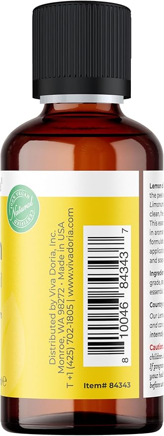 Viva Doria 100% Pure Lemon Essential Oil, Undiluted, Food Grade, USA Lemon Oil, 30 mL (1 Fl Oz)