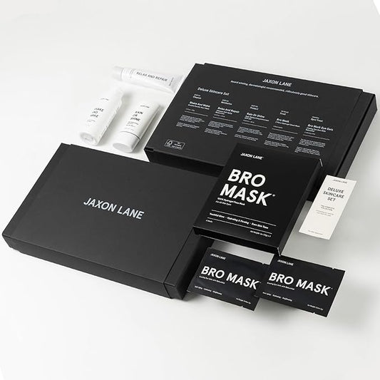 Mens Skin Care Kit 5 Piece Deluxe Facial Skincare Routine Gift Set, Anti Aging Korean Skin Care for Men: Enzyme Powder Face Wash, Moisturizer, SPF 50 Sunscreen, Bro Mask Sheet Masks, Under Eye Patches